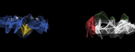 Flags of Kosovo and UAE on Black background, Kosovo vs United Arab Emirates Smoke Flags