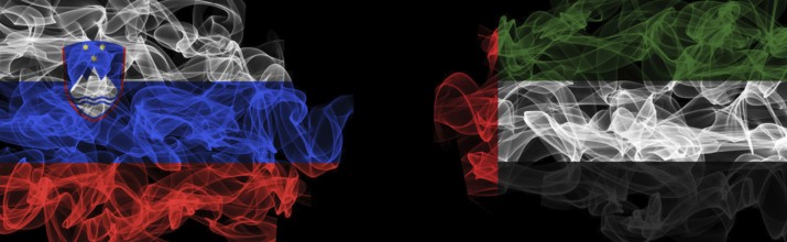 Flags of Slovenia and UAE on Black background, Slovenia vs United Arab Emirates Smoke Flags