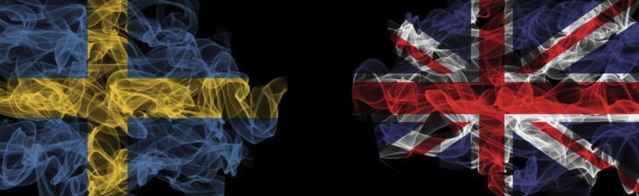 Flags of Sweden and United Kingdom on Black background, Sweden vs United Kingdom Smoke Flags