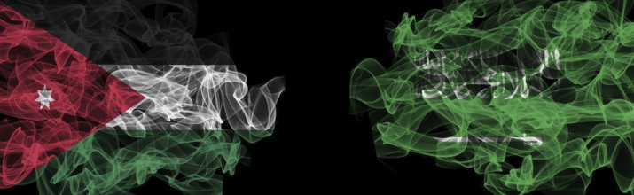 Flags of Jordan and Saudi Arabia on Black background, Jordan vs Saudi Arabia Smoke Flags