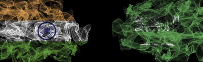 Flags of India and Saudi Arabia on Black background, India vs Saudi Arabia Smoke Flags