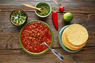 Chili with meat platillo Mexican food with sauces