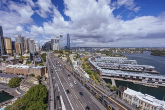 SYDNEY, AUSTRALIA, MARCH 4 2023: The Sydney CBD and surrounding harbour, including Circular Quay