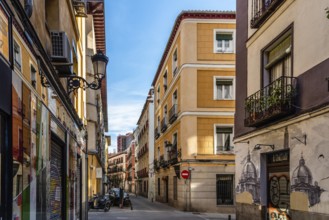Madrid, Spain, May 8, 2021: Traditional street in the quarter of Las Letras in Central Madrid,