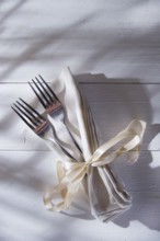 Presentation of two forks on the table for fine dining