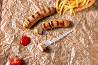 Rustic bratwurst with pommes and hot ketchup