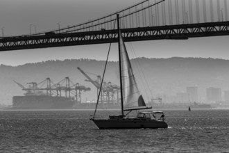 San Francisco Bay bridge sailboat from Pier 7 in California USA