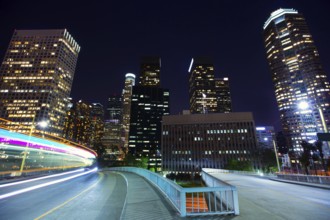 Downtown LA night Los Angeles sunset skyline California from 110 freeway