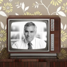 Senior tv presenter in retro wood television vintage wallpaper