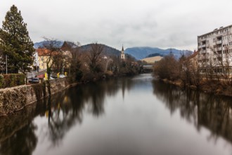 View of the river Mur, long exposure, Leoben, Styria, Austria, Europe