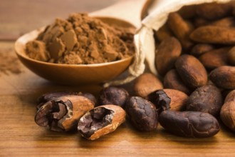 Cocoa (cacao) beans on natural wooden table, lodz, poland