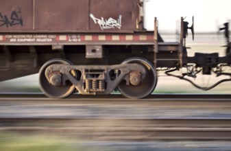 Blurred Train wheels in motion panned Canada