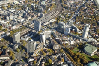 Essen city centre with REW company headquarters. RWE Tower. Alto Theatre