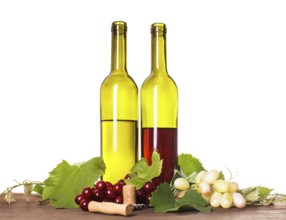 Red and white wine in bottles on the wooden table