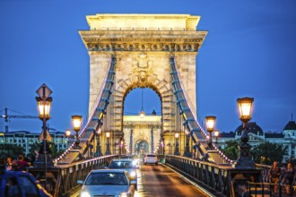 Szechenyi Chain Bridge night view (Budapest, Hungary). Shooting Location: Hungary, Budapest