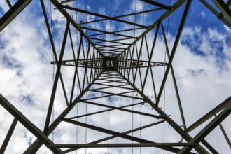 View upwards through electricity pylon, St. Peter Freienstein, Styria, Austria, Europe