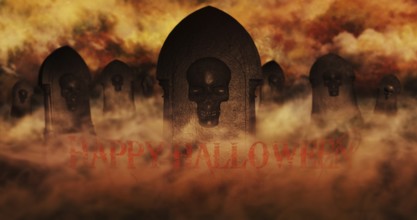 Cemetery At Night With Tombstones With Skulls And Burning Sky Full Of Clouds and Stars in The