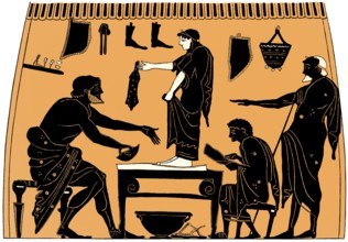 Ancient Greek shoemaker, workshop, black-figure pottery painting