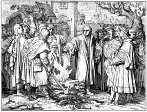 Historische Zeichnung, Martin Luther verbrennt die Decet Romanum Pontificem, eine päpstliche