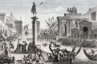 A reconstructed harbour city of ancient Rome