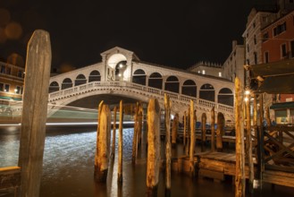 Rialto Bridge from Canal Grande at Night, Venice, Italy, Europe