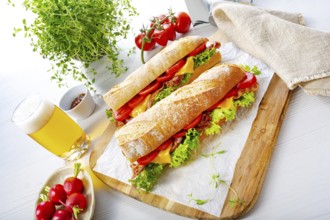 Crispy baguette with bacon, tomatoes and cheese