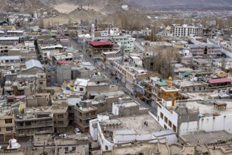 Leh, India, April 03, 2023: High angle view of the main shopping street at Main Bazaar in the city