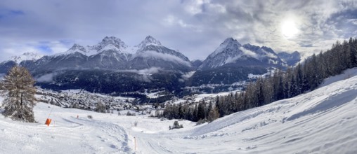 Panorama, view over the ski area from Motta Naluns over Sccuol towards Val S-charl, Engadin,