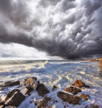 A terrible storm and lightning over the raging surf. Mediterranean Sea, Israel, Asia
