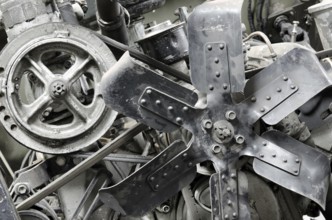 An old outdated engine - a radiator fan, closeup