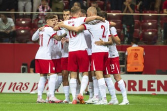 WARSAW, POLAND - JUNE 7, 2024: Friendly soccer match Poland - Ukraine 3:1. Joy team of Poland after