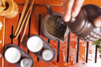Close-up table with earthenware for Chinese tea ceremony