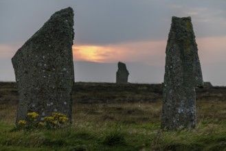 Sunset, Ring of Brodgar, stone circle and moat, Neolithic monument, UNESCO World Heritage Site,