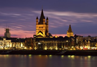 Historic centre of Cologne at dusk with Groß St. Martin and town hall, Germany Cologne, Germany,