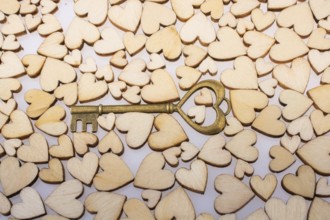 Retro style heart shaped key on wooden hearts