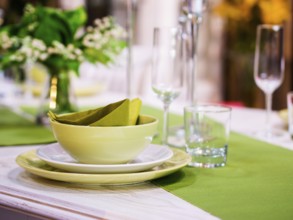 Beautiful table setting with white and green colors. Shallow DOF