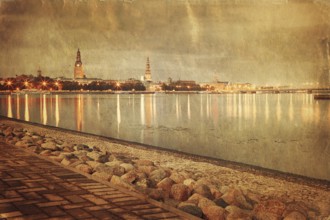Retro style image of night Riga cityscape. Latvia