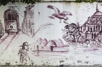Graffiti with turkish symbols and landmarks on a wall in Istanbul, Turkey, Asia