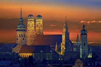 Bavaria, Munich, Church of Our Lady in the evening light, sunset
