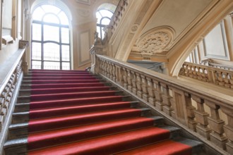 Turin, Italy, January 2023: Palazzo Barolo staircase. Luxury palace with old baroque interior and