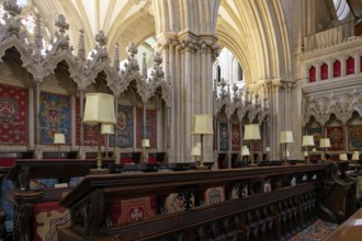 Interior view, choir stalls, Wells Cathedral, Wells, England, Great Britain