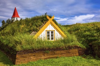 The village of houses covered with turf and grass. Church bell tower with red gabled roof.