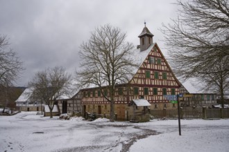 Snow-covered houses in the Hohenlohe Open-Air Museum, Wackershofen, half-timbered house, farmhouse,