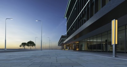 Exterior view of urban street and commercial office buildings exterior. 3d rendering