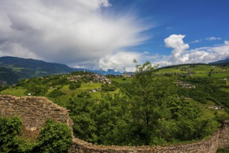 Panoramic view from Prösels Castle of the village of Fiè allo Sciliar (Völs am Schlern) in the