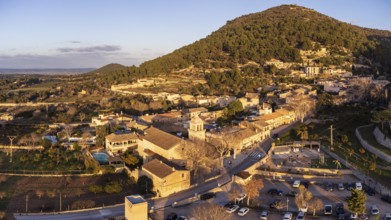Parish church in the village of Randa and mountain of Puig de Cura, Algaida, Majorca, Spain, Europe
