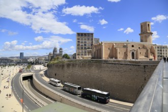 Saint Laurent church above the harbour entrance to the Vieux Port, behind La Major cathedral,