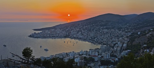 View from the Lekuresi castle on Saranda at sunset during touristic low season