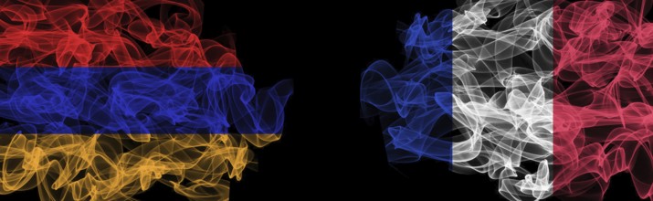 Flags of Armenia and France on Black background, Armenia vs France Smoke Flags