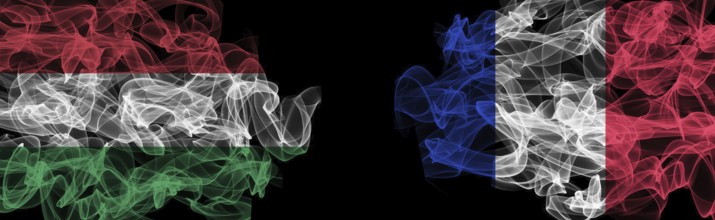 Flags of Hungary and France on Black background, Hungary vs France Smoke Flags